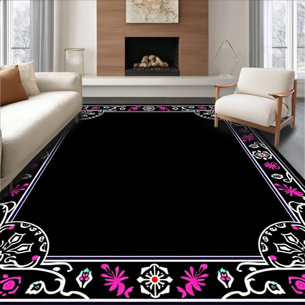 Ornate Floral Border With Pink Accents Rug