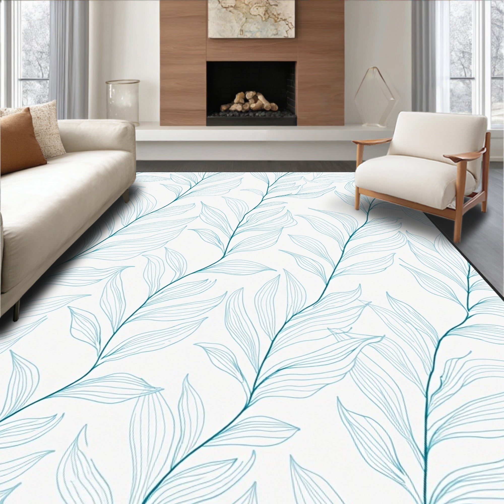 Teal Leaf Branch Pattern Design Rug