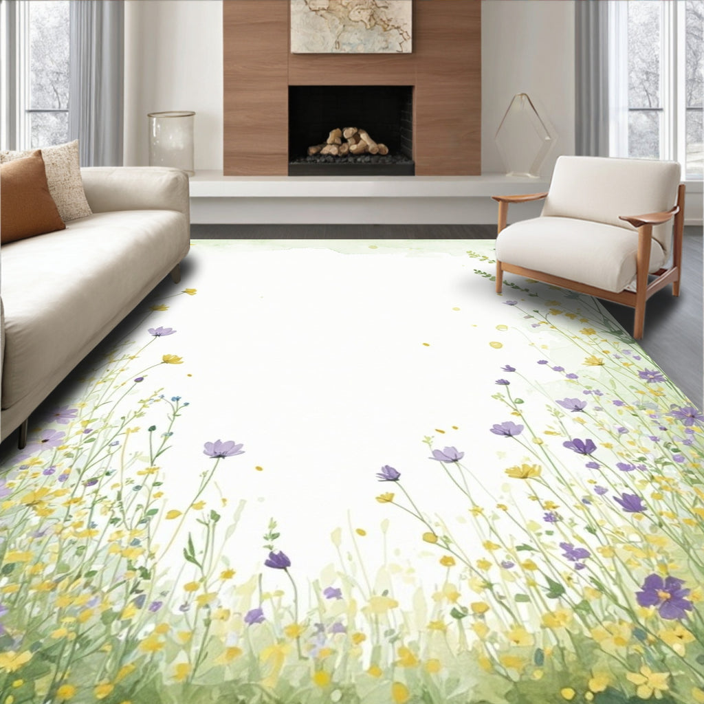 Delicate Wildflower Meadow Watercolor Rug