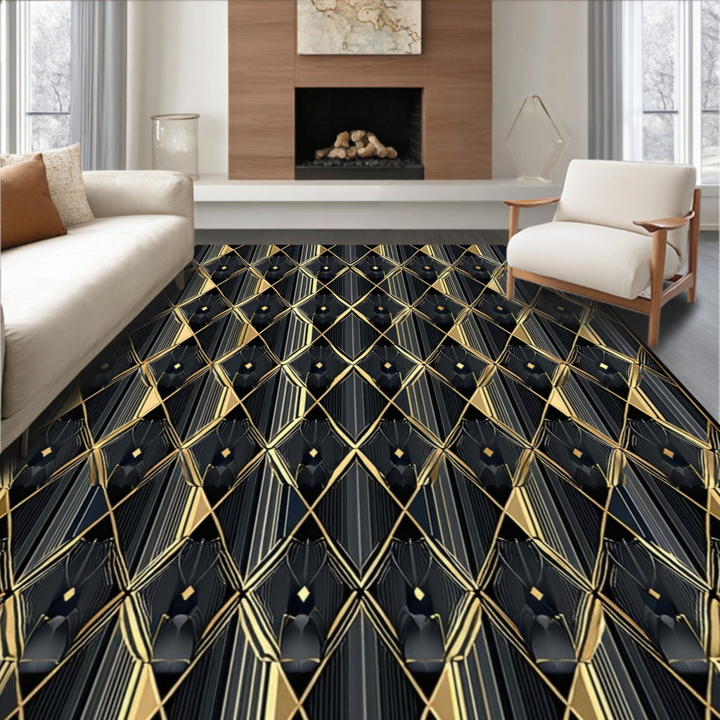 Gold Black Art Deco Diamond Pattern Rug