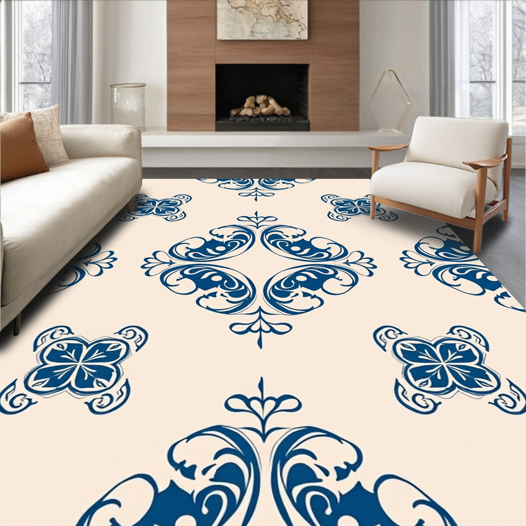 Classic Blue Damask Floral Pattern Rug