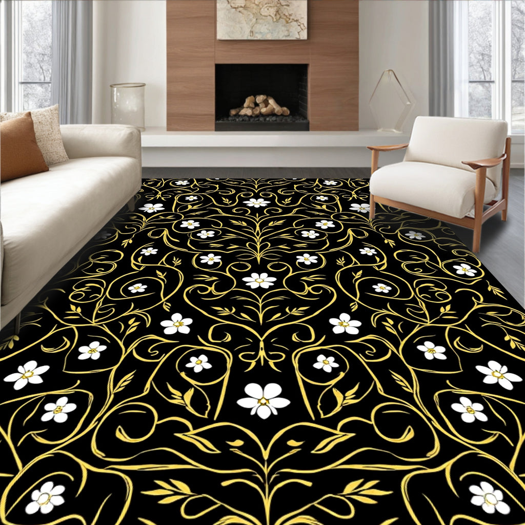 Golden Floral Swirl Pattern Rug