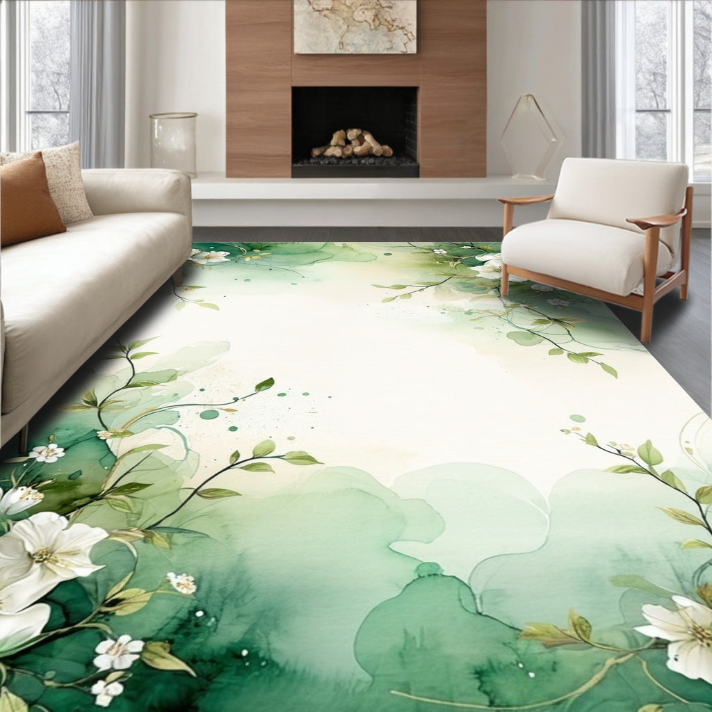 Green Watercolor Floral Vine Design Rug