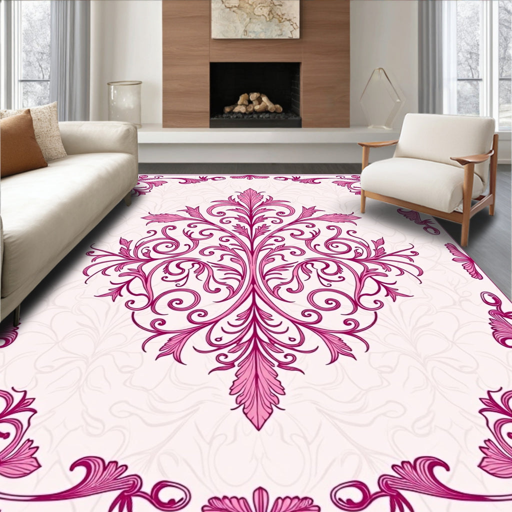Ornate Pink Floral Vine Design Rug