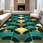 Art Deco Fan Patterned Teal Gold Rug