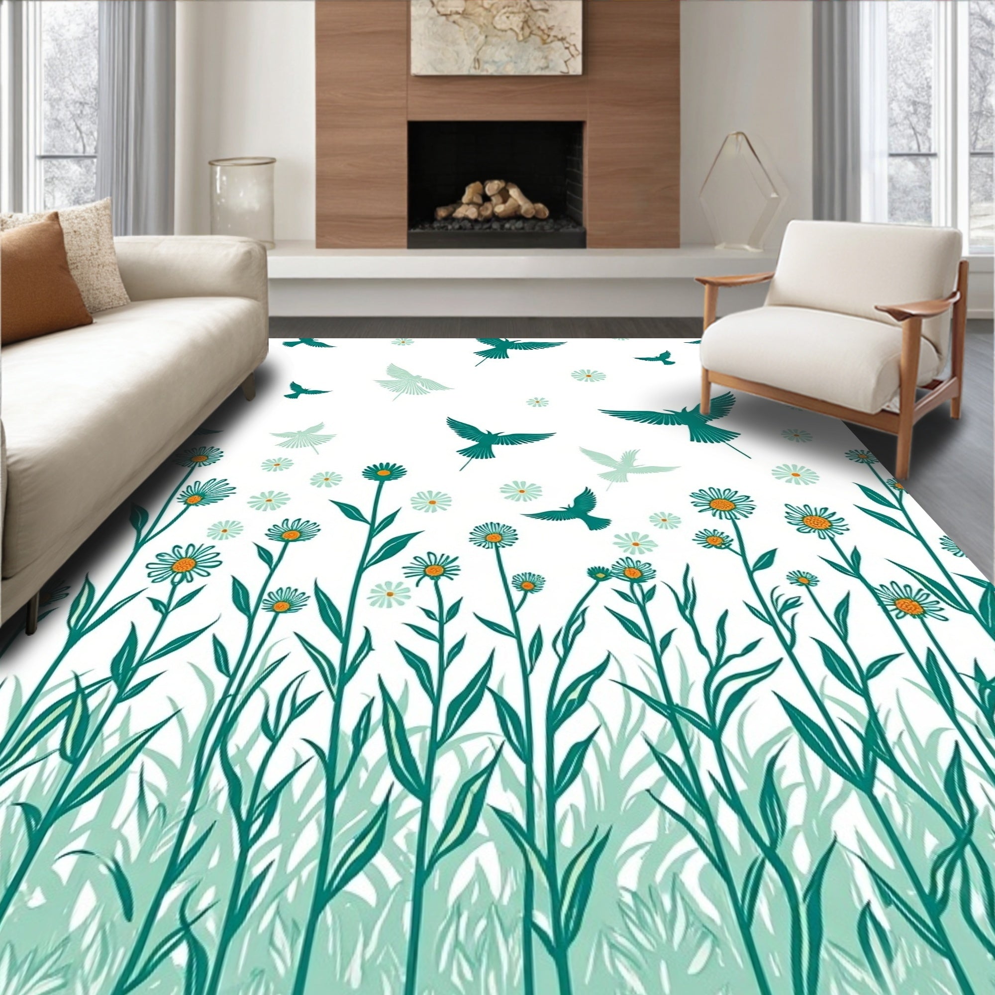 Flying Birds Daisy Meadow Design Rug