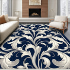 White Swirl Flora On Deep Blue Rug
