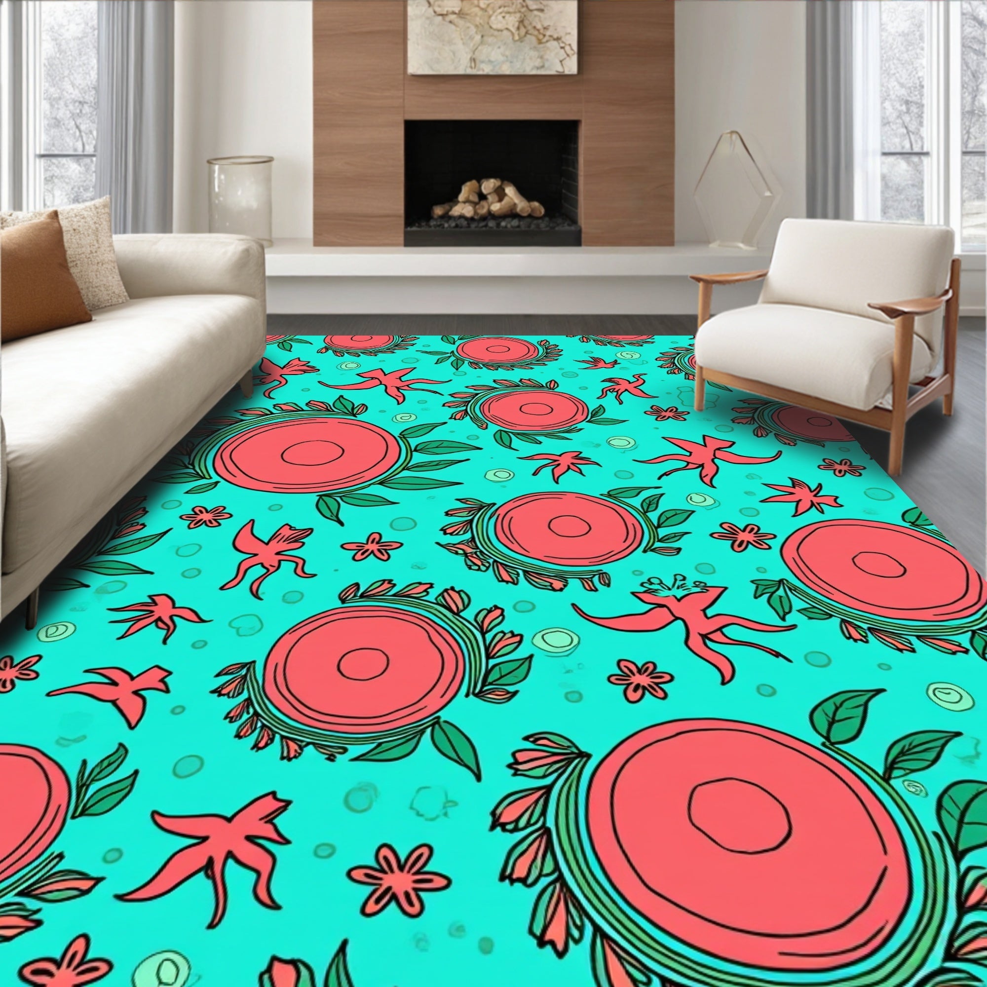 Coral Floral Abstract Creatures Rug