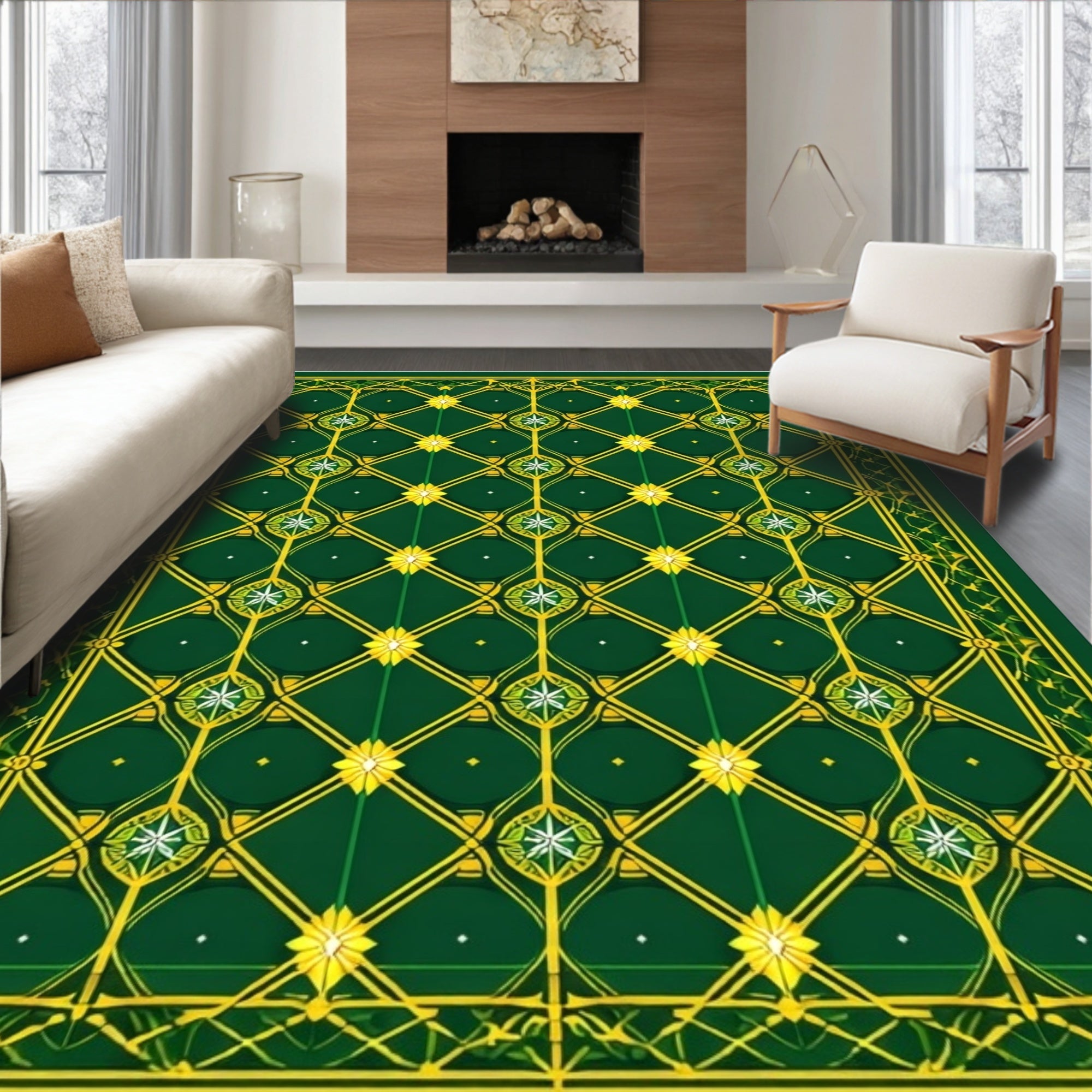 Emerald Green Golden Lattice Starburst Rug