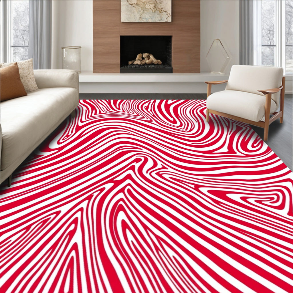 Crimson White Swirl Abstract Rug