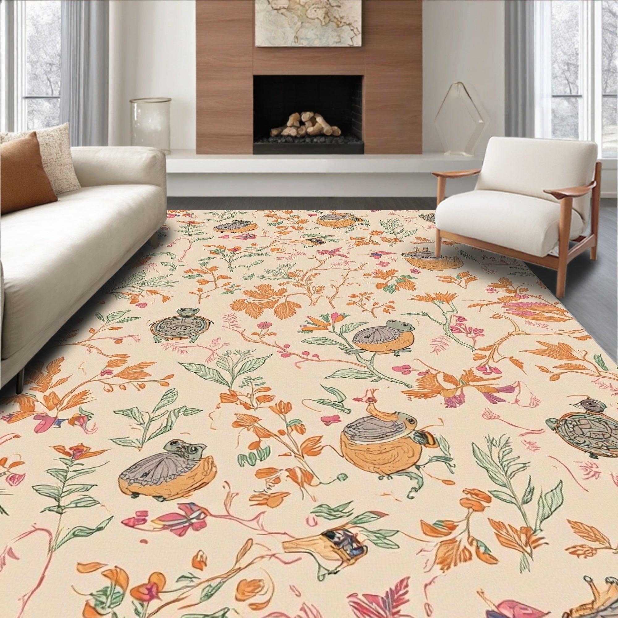 Whimsical Turtle Botanical Print Rug