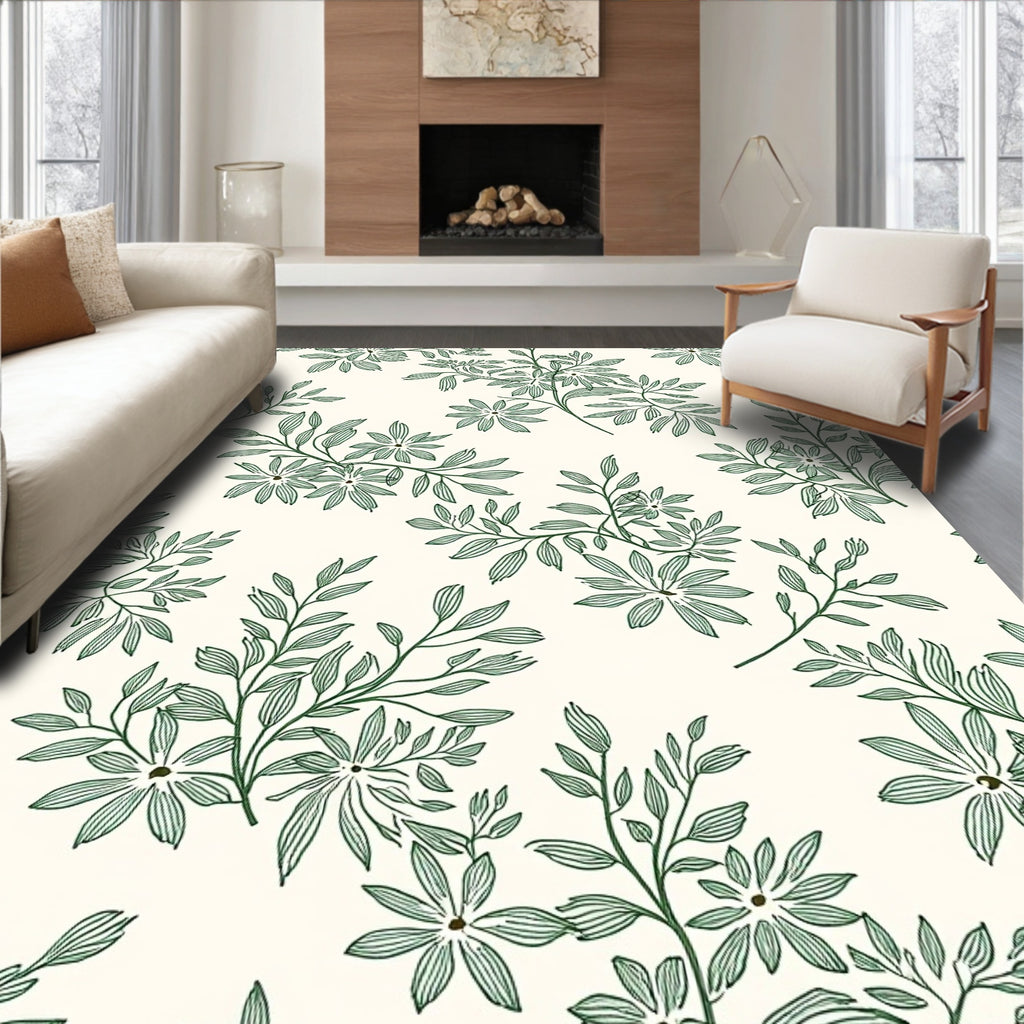 Delicate Green Floral Botanical Pattern Rug