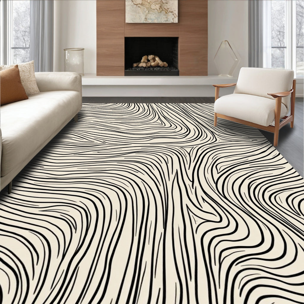 Flowing Abstract Black Beige Lines Rug
