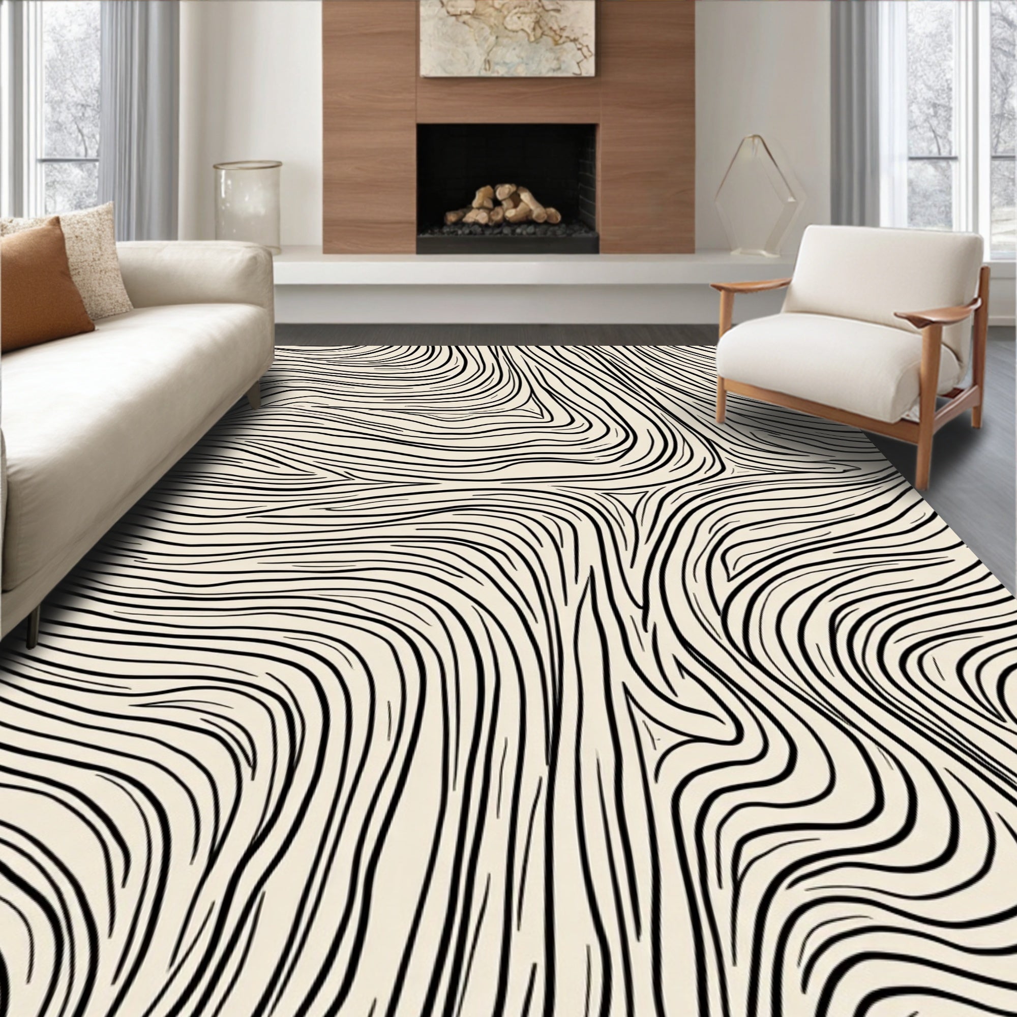 Flowing Abstract Black Beige Lines Rug