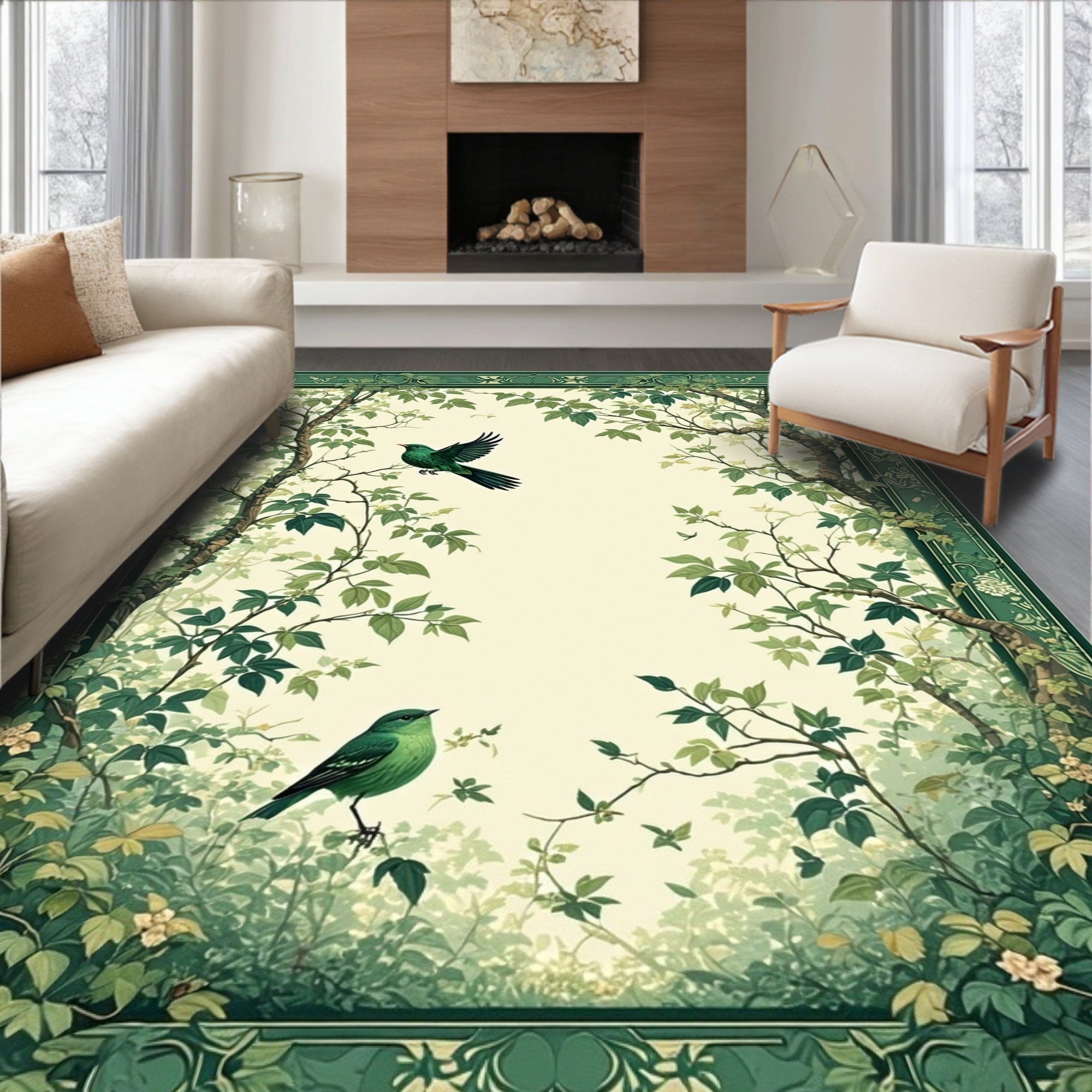 Whimsical Woodland Birds Branches Rug