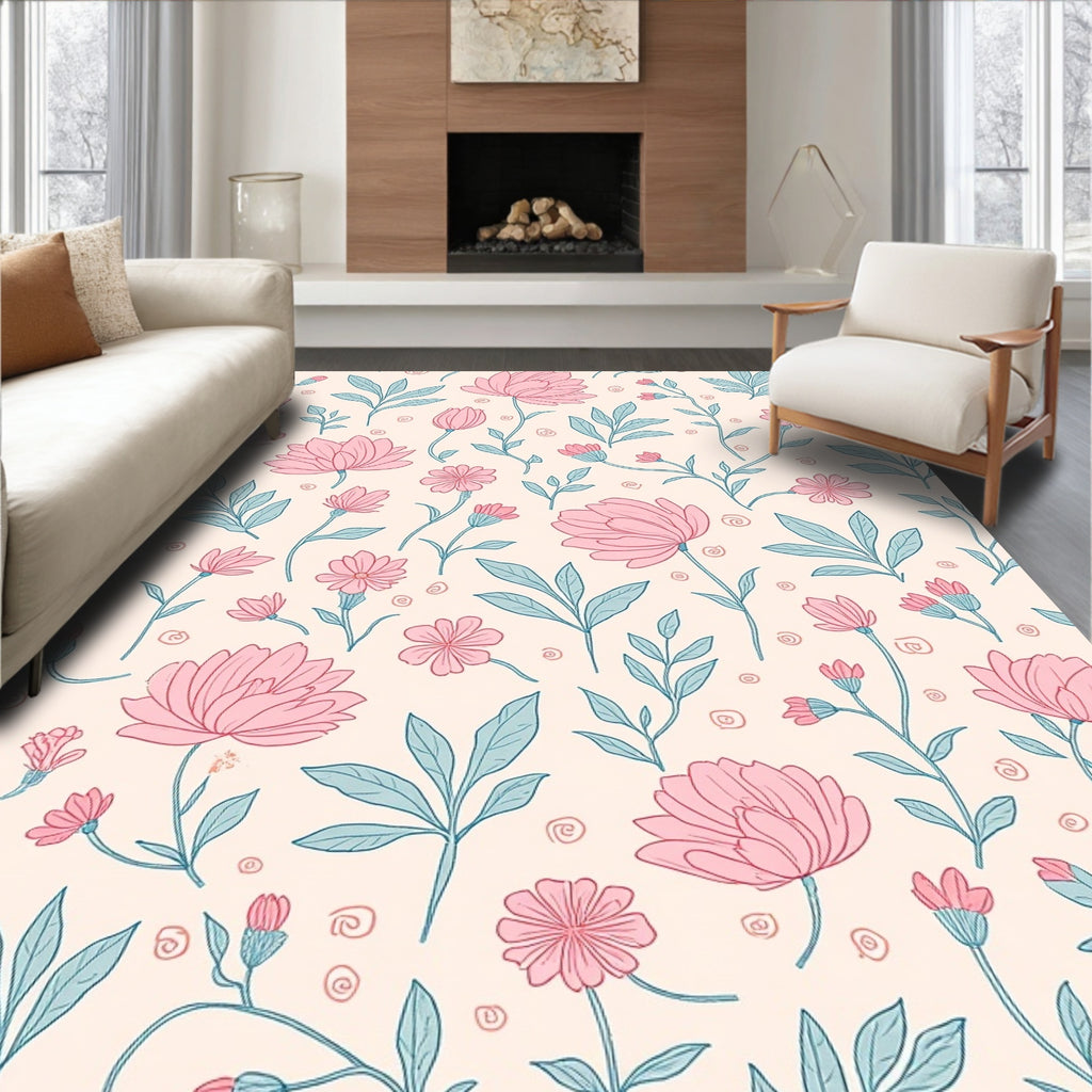 Pastel Pink Teal Floral Pattern Rug