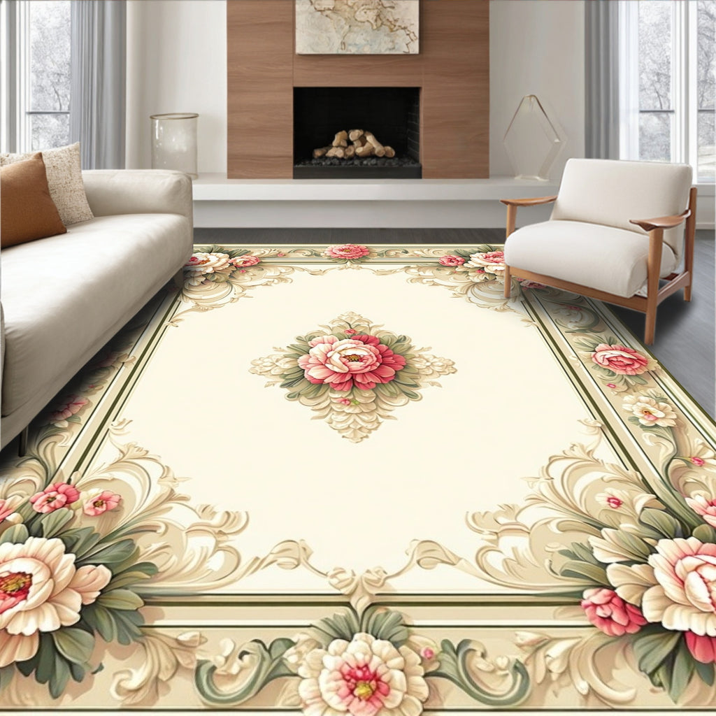 Floral Scrollwork Luxurious Ivory Rug
