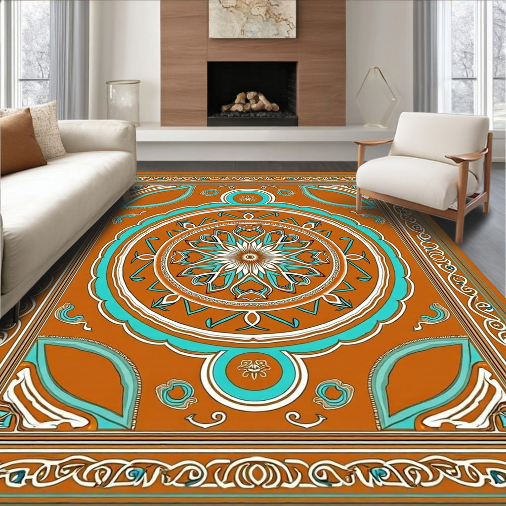 Mandala Border With Turquoise Accents Rug