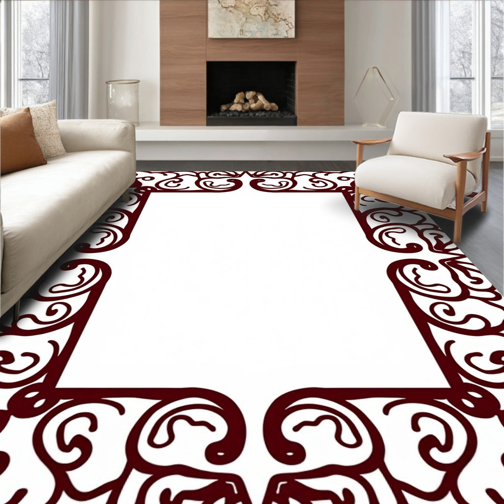 Crimson Swirl Scrollwork Frame Rug