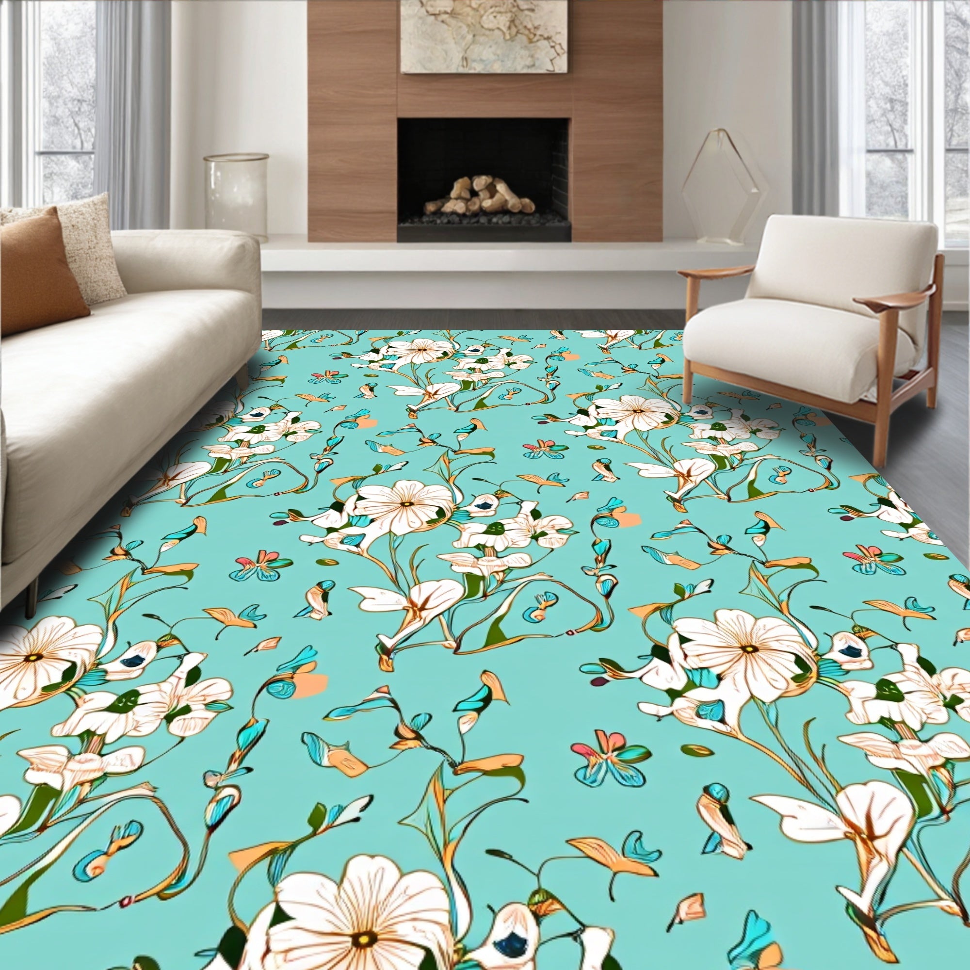 Aqua Floral Sketch Pattern Rug