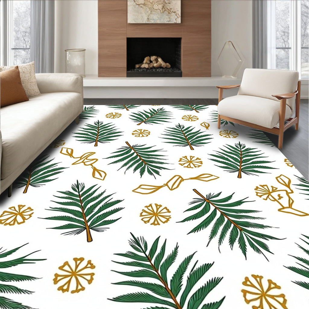 Green Leafy Branches Gold Flower Accents Rug