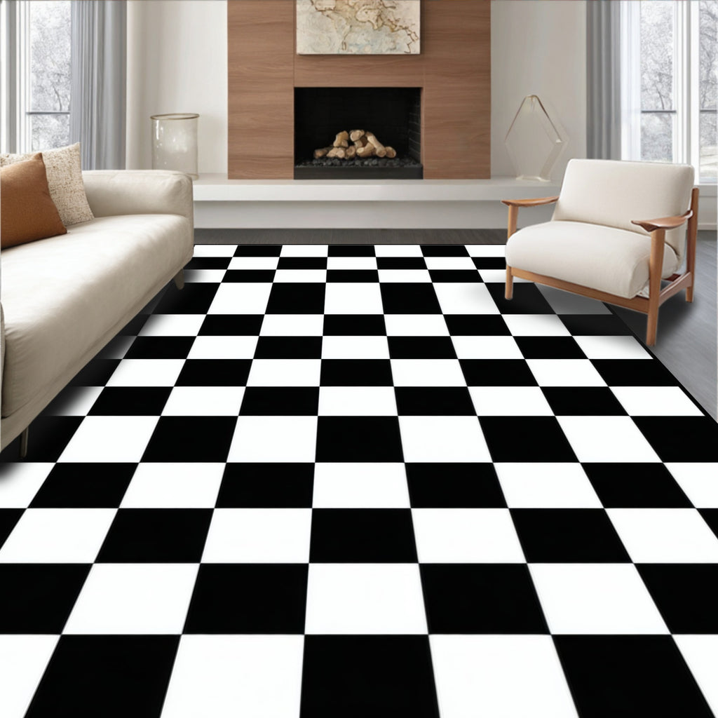 Bold Black White Checkered Pattern Rug