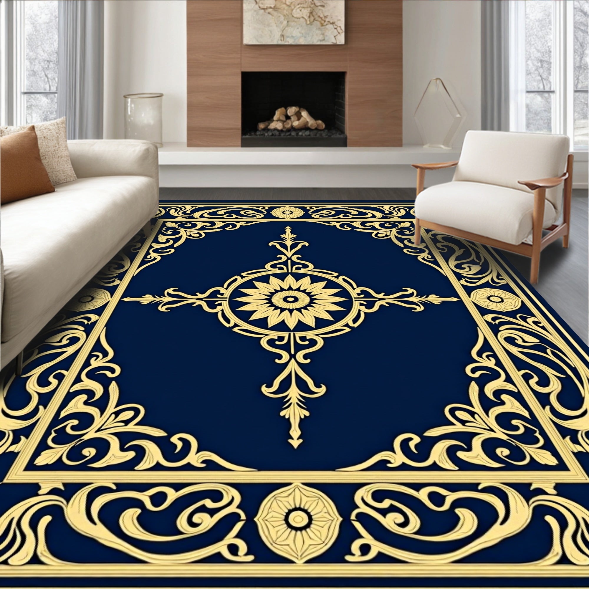 Ornate Golden Floral Medallion Rug