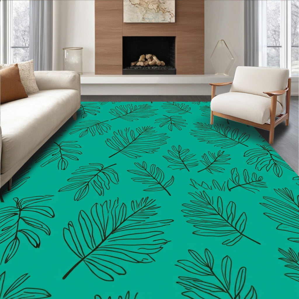 Emerald Green Tropical Leaf Pattern Rug