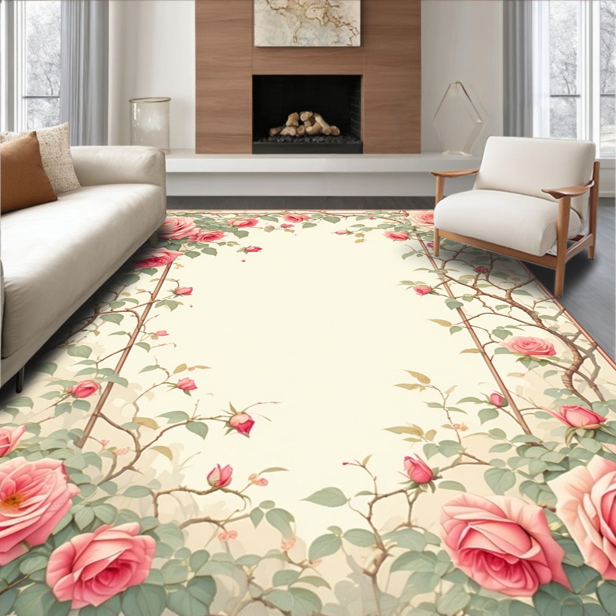 Pink Roses Vine Botanical Frame Rug