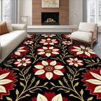 Crimson Cream Floral Vine Black Ground Rug