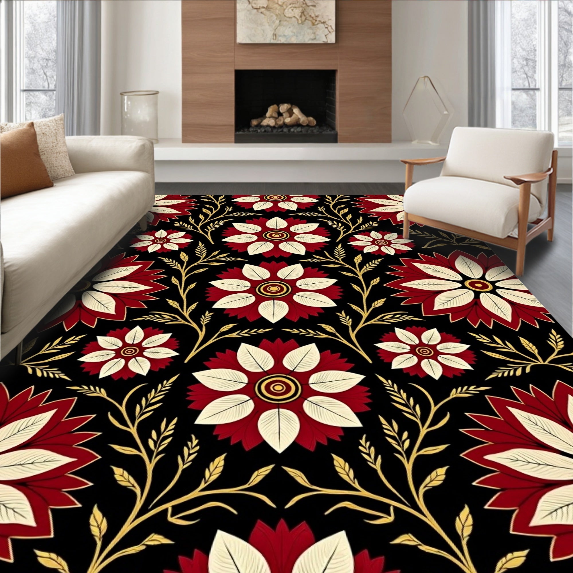 Crimson Cream Floral Vine Black Ground Rug