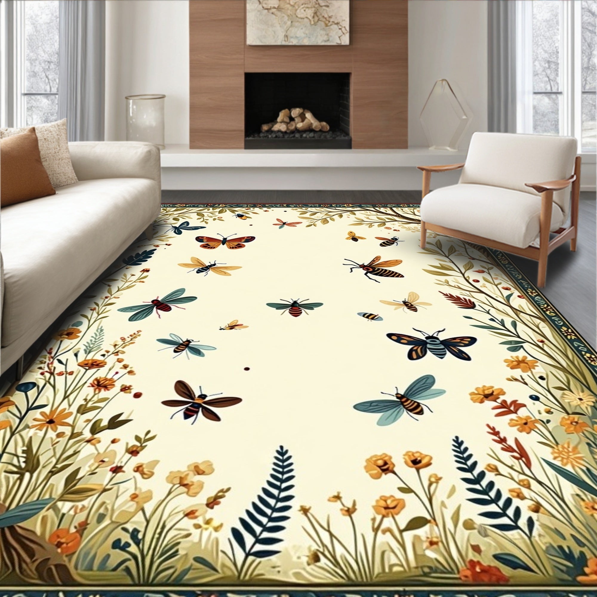 Whimsical Insects Floral Border Design Rug