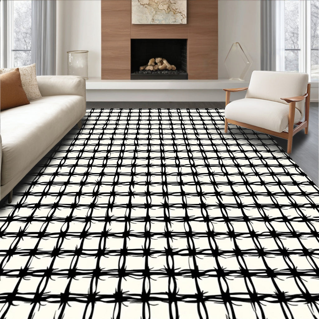 Black White Textured Grid Pattern Rug