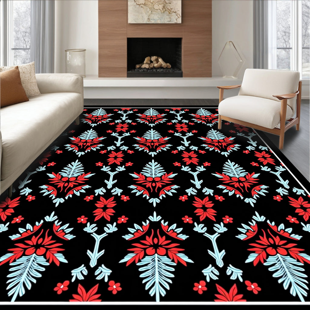 Red Blue Floral Damask Black Background Rug
