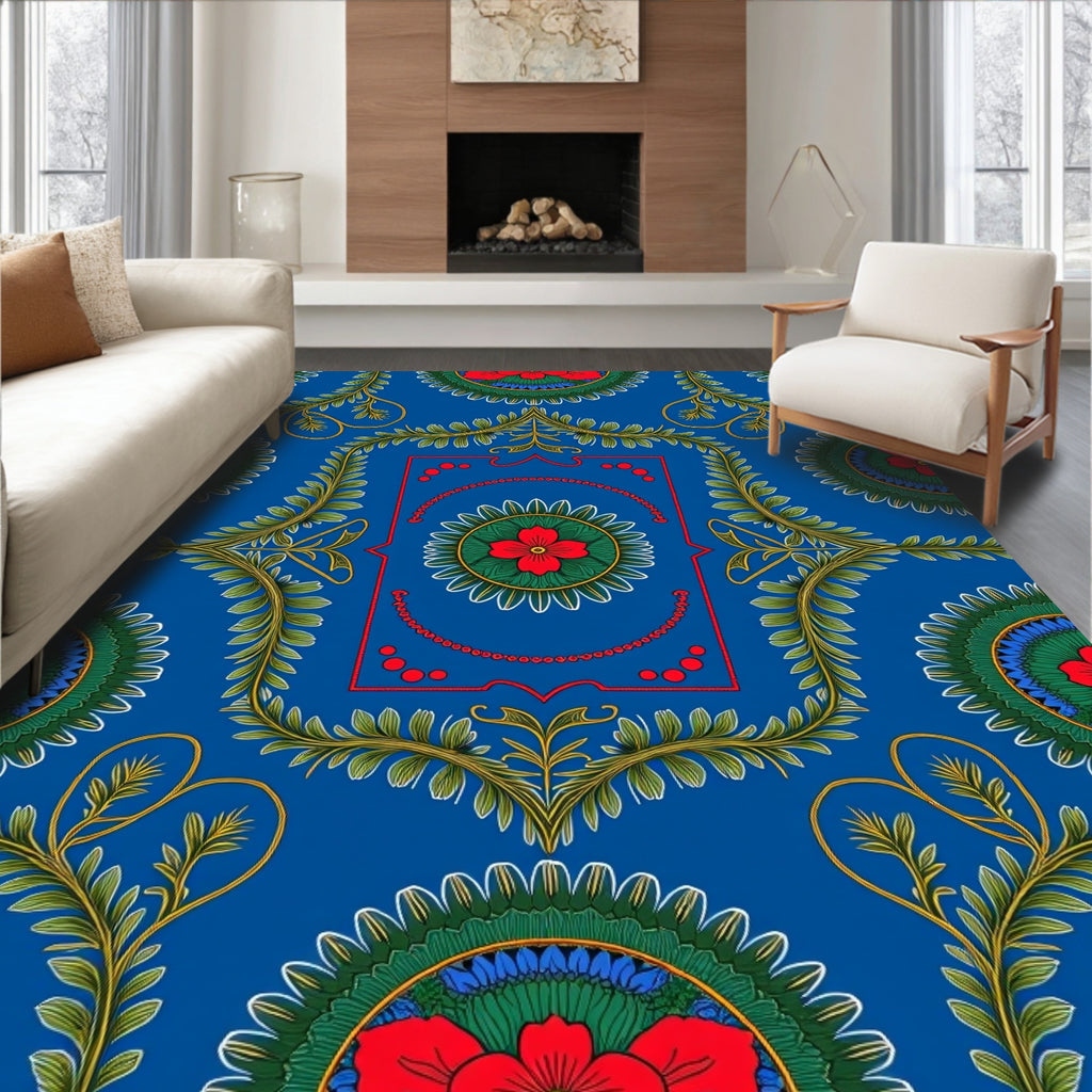 Vibrant Blue Red Floral Medallion Scroll Rug