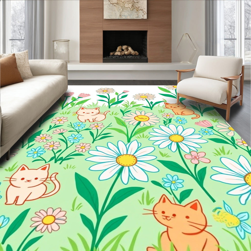 Cute Cats And Daisies Pattern Rug