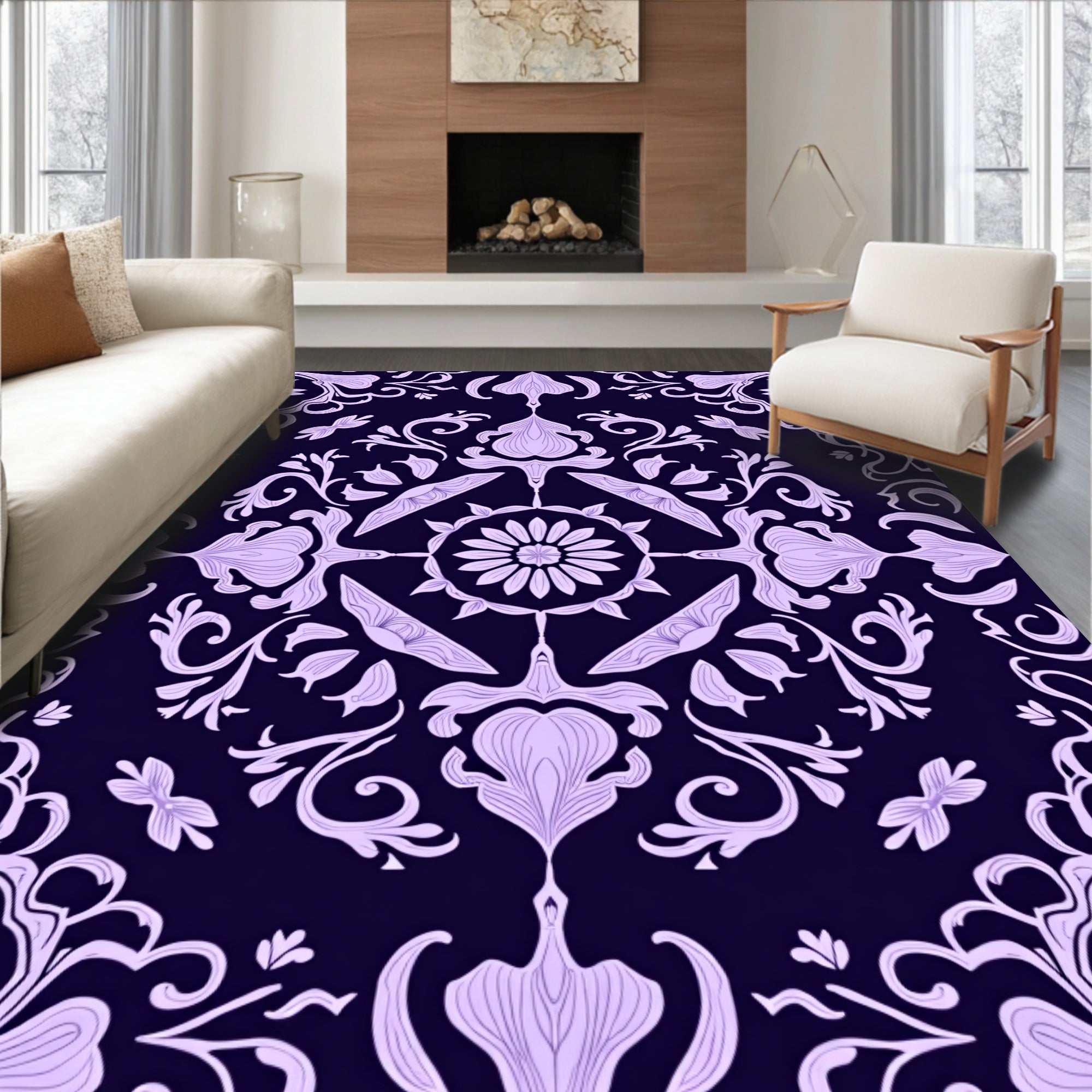 Elegant Lilac Floral Symmetry Design Rug