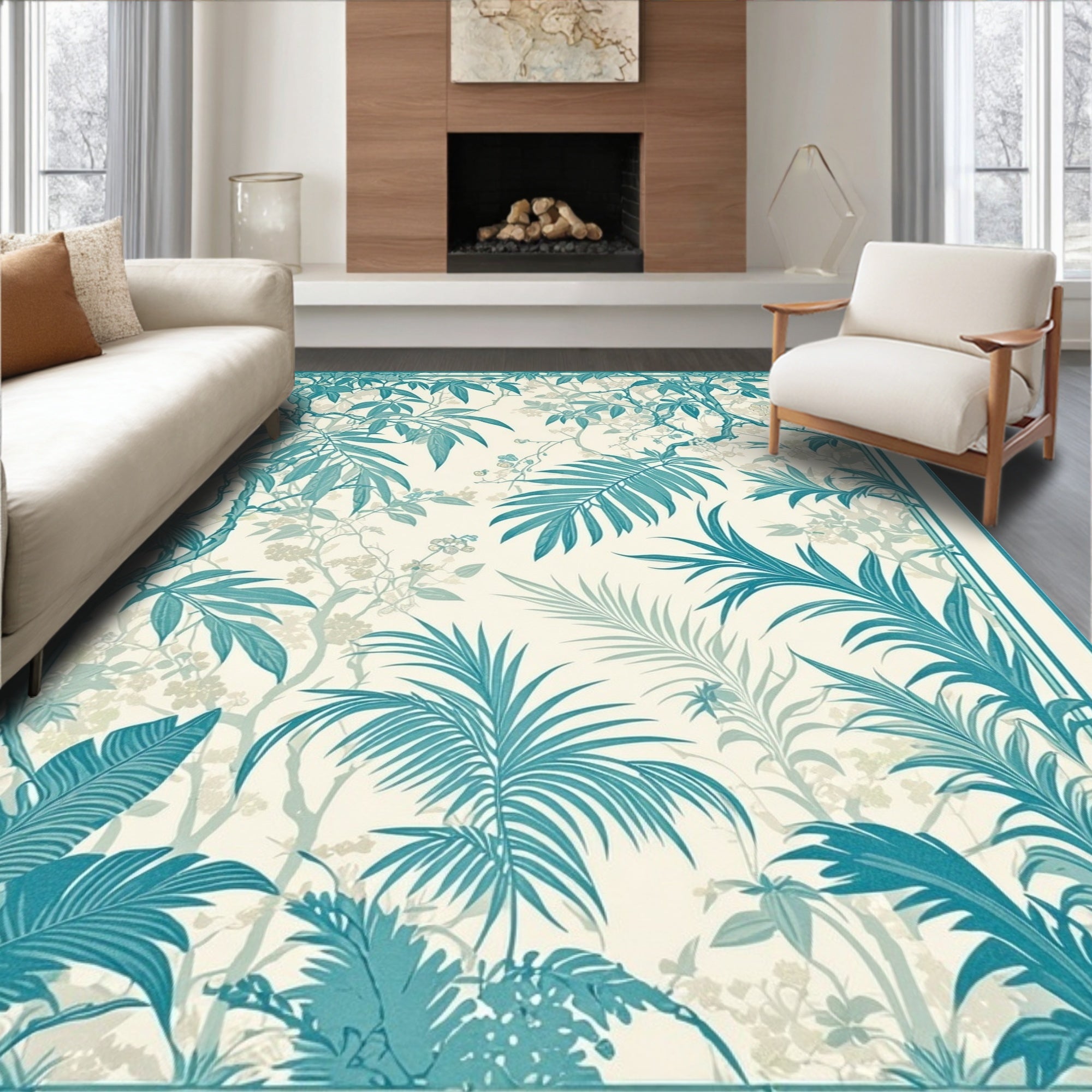 Tropical Teal Leaf Pattern Rug