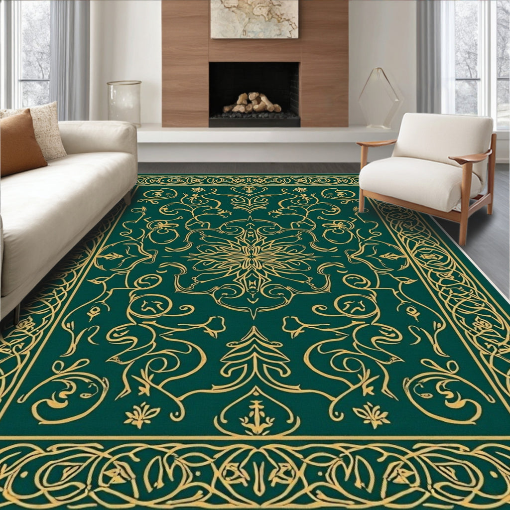 Ornate Green Gold Floral Pattern Rug