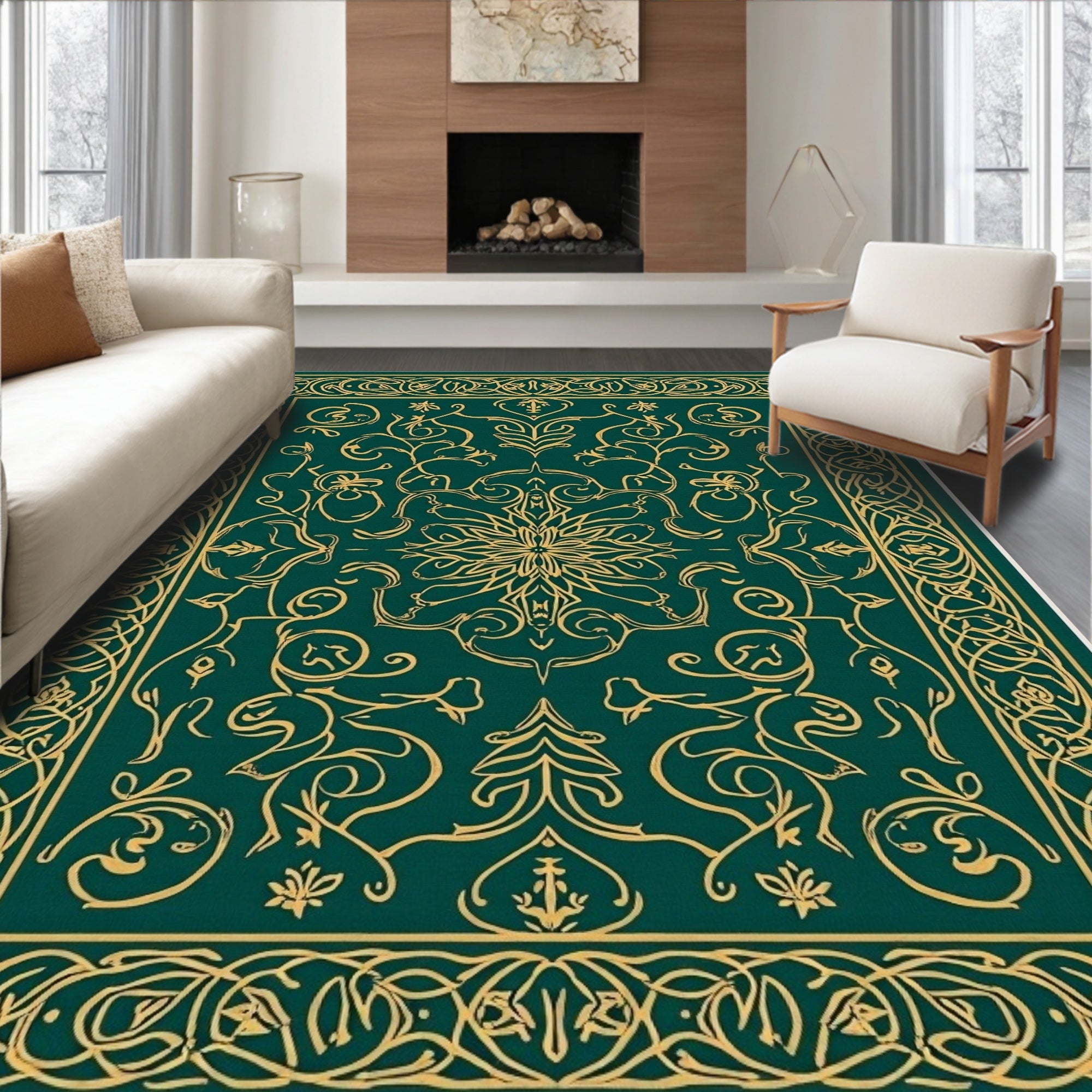 Ornate Green Gold Floral Pattern Rug