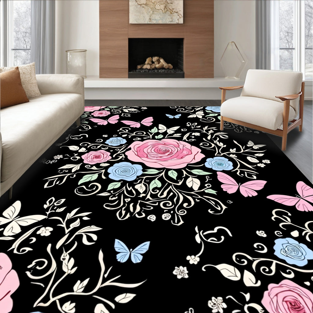 Pink Butterflies Roses Pattern Rug
