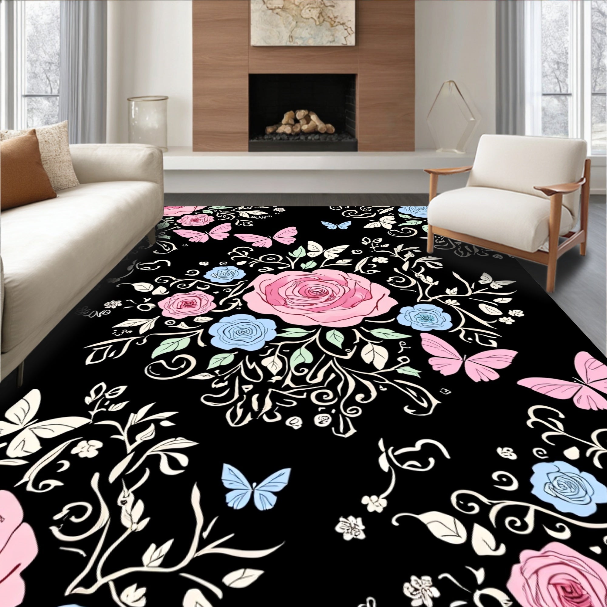Pink Butterflies Roses Pattern Rug