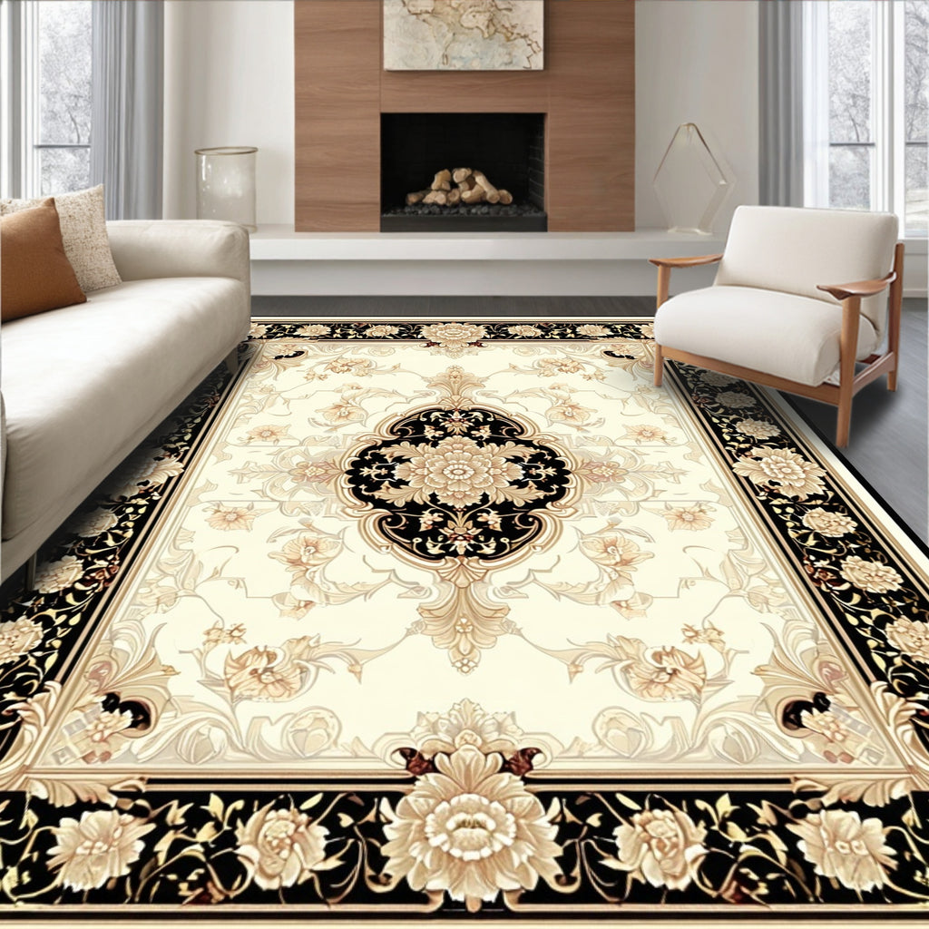 Elegant Black Gold Floral Scroll Rug