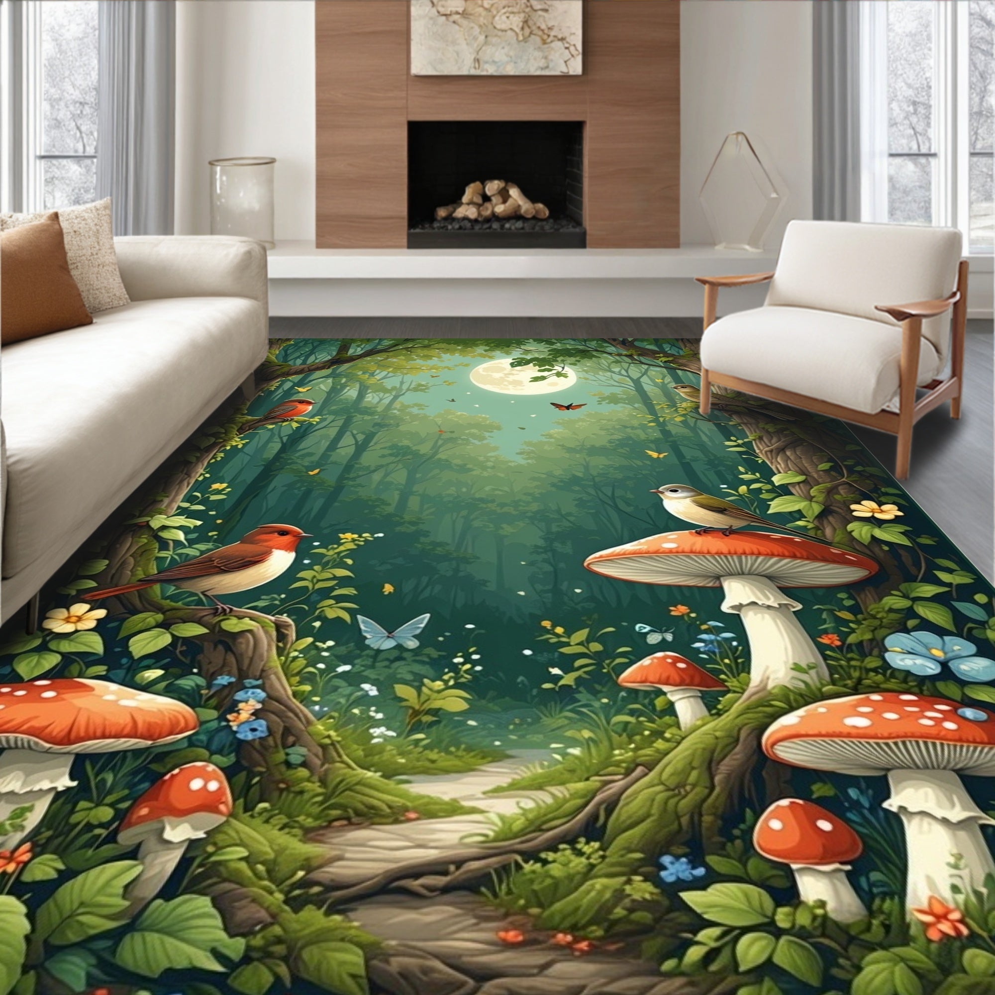 Enchanted Forest Path with Mushrooms and Birds Rug
