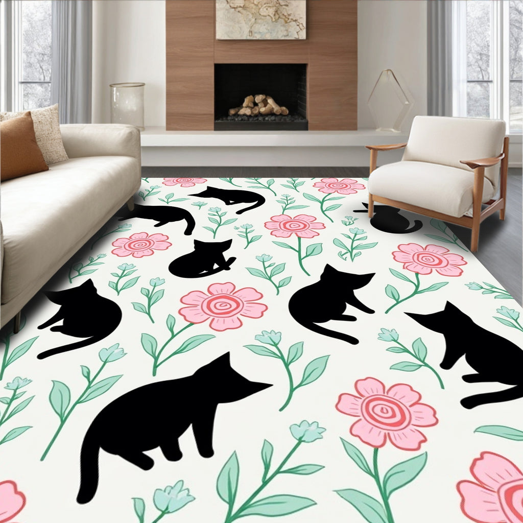 Black Cats Floral Pattern Design Rug