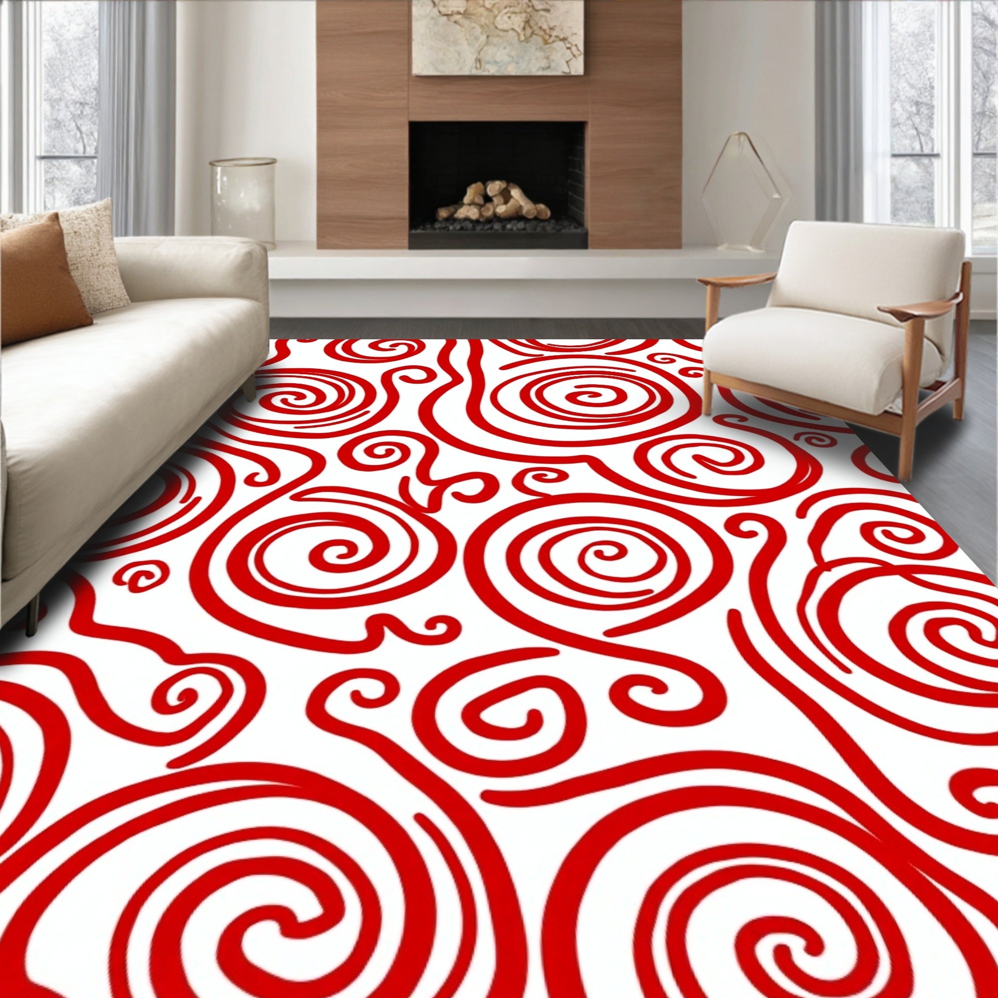 Bold Crimson Swirl Abstract Rug