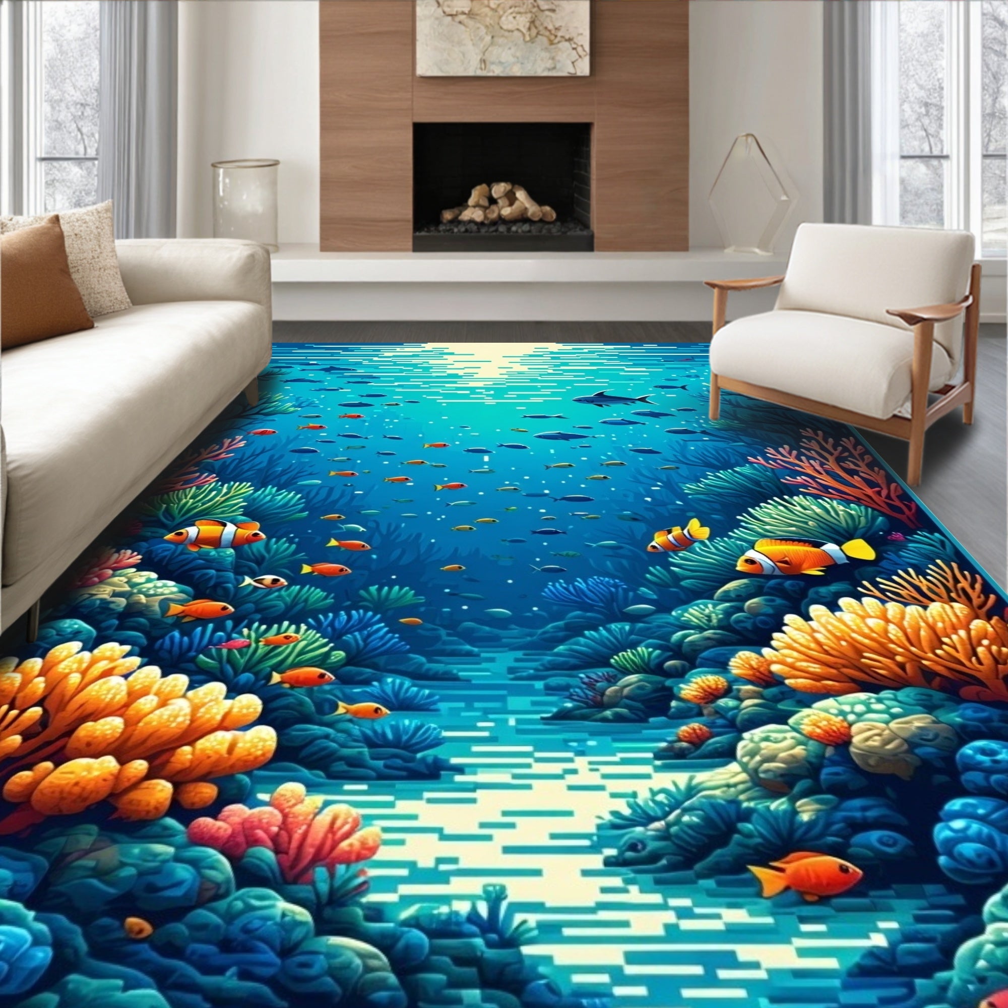 Vibrant Coral Reef Fish Scene Rug