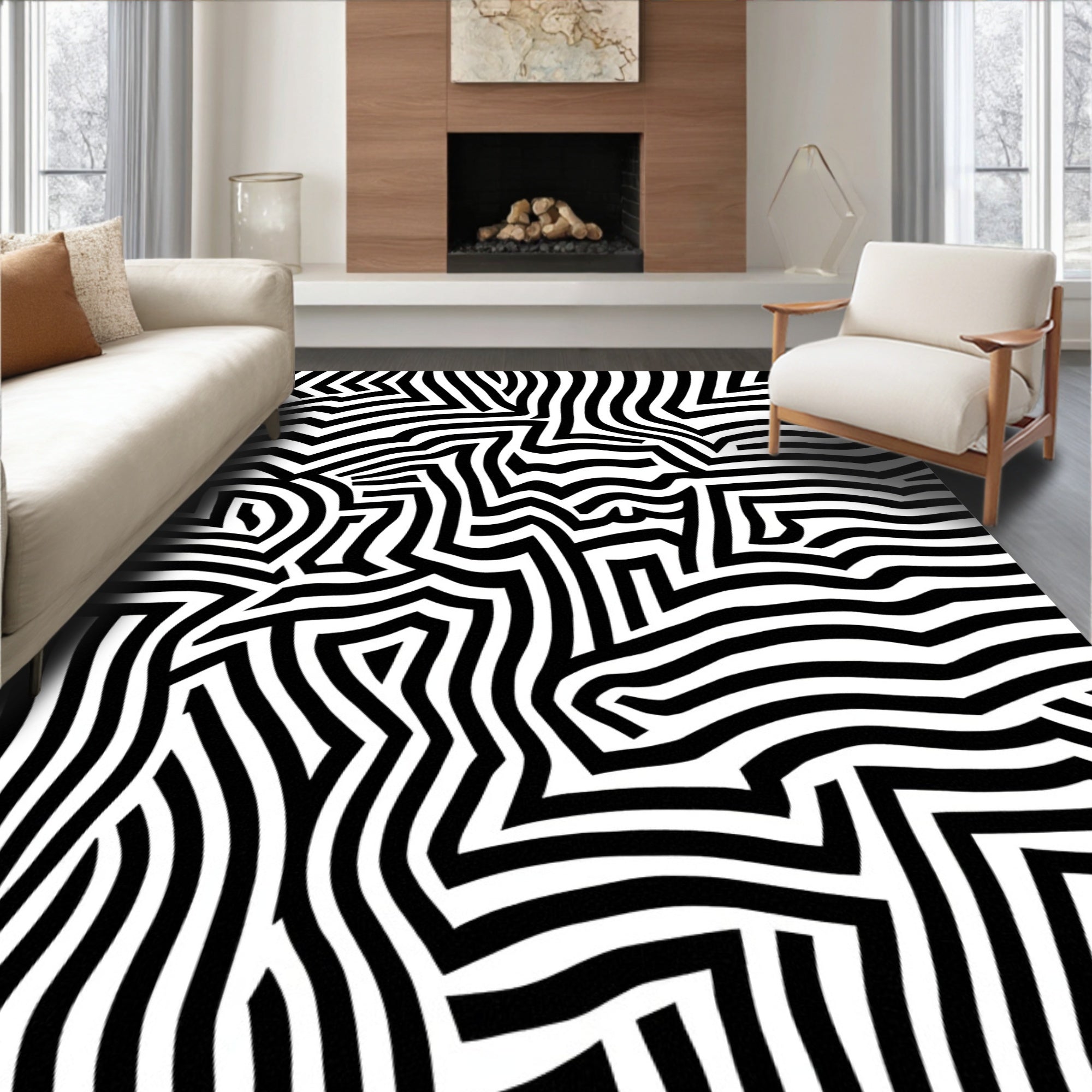 Abstract Black White Maze Pattern Rug