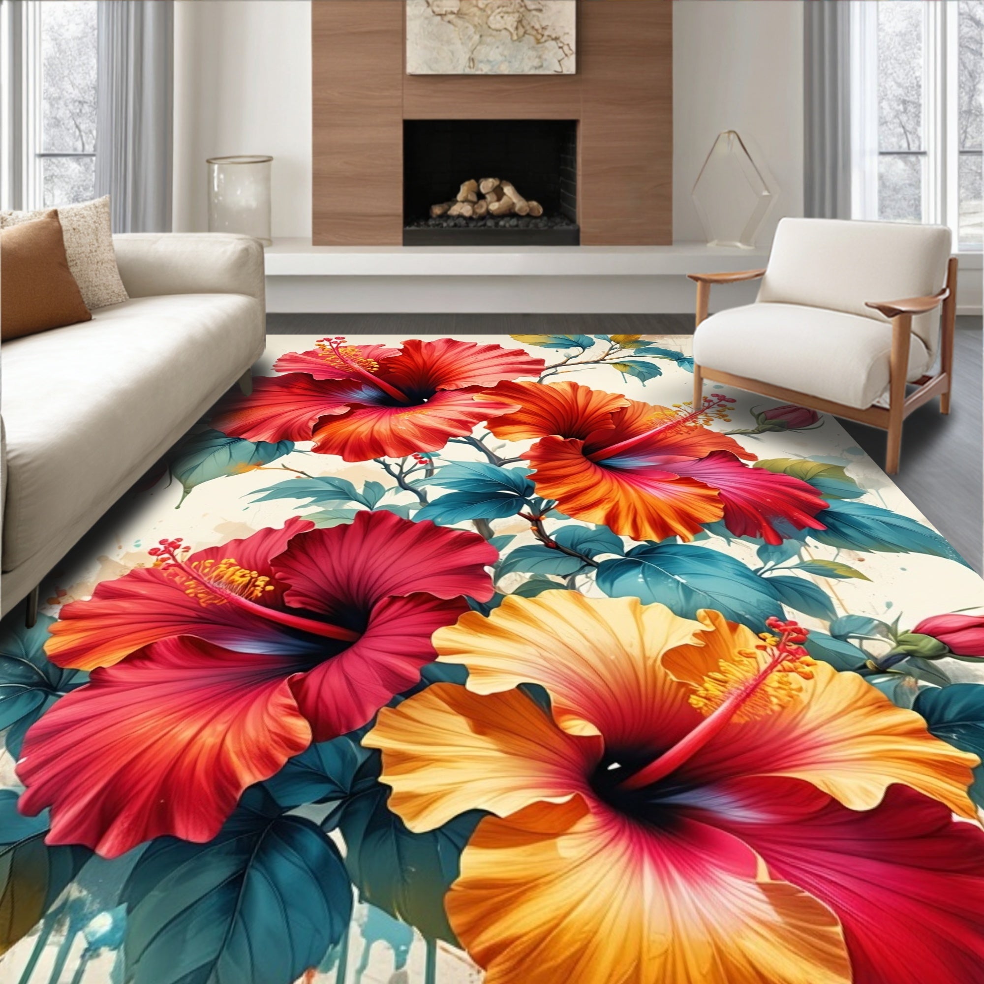 Vibrant Tropical Hibiscus Floral Print Rug