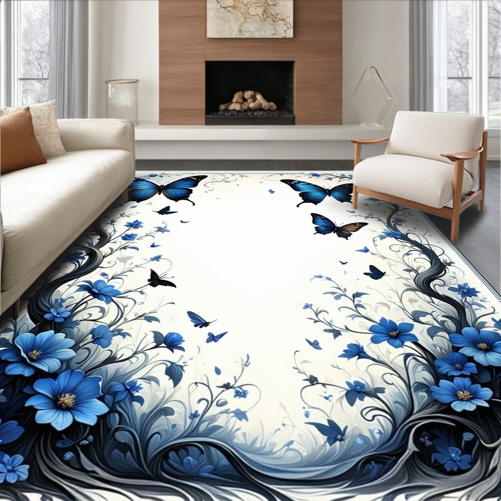 Blue Butterfly Floral Pattern Design Rug